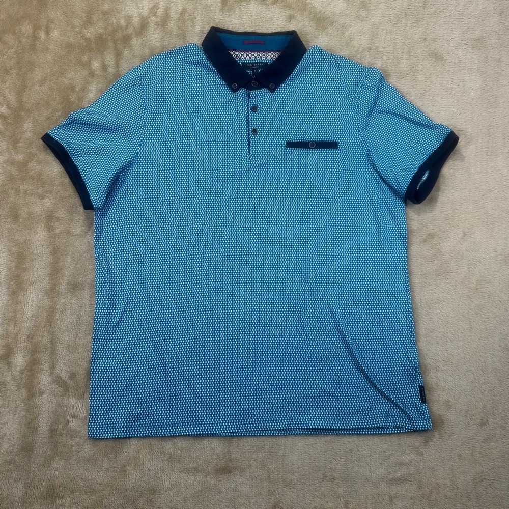Ted Baker London POPTOP Blue Geometric Print Cotton Polo Shirt Mens Size 6 XXL